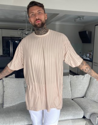 ASOS DESIGN - Übergroßes, superlanges T-Shirt mit transparenten Streifen in Beige