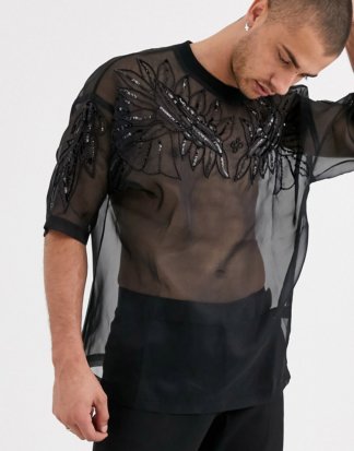 ASOS DESIGN - Übergroßes, verziertes Festival-T-Shirt aus Organza-Schwarz