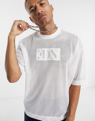 ASOS EDITION - Oversize-T-Shirt aus Netzstoff mit Metallic-Logostickerei-Weiß