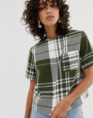 ASOS WHITE - Bunt kariertes, gewebtes T-Shirt-Grün