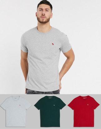 Abercrombie & Fitch - T-Shirts mit Rundhalsausschnitt und Logo im 3er-Pack in Grün/Grau/Rot-Mehrfarbig