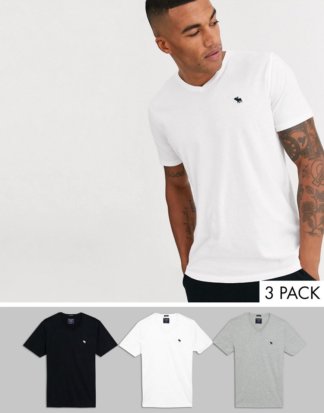 Abercrombie & Fitch - T-Shirts mit V-Ausschnitt und Logo in Weiß/Grau/Schwarz im 3er-Set-Mehrfarbig