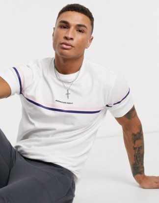 American Eagle - Weißes T-Shirt mit Streifen auf Brust und Ärmeln und Logo