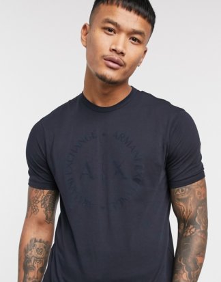 Armani Exchange - Marineblaues T-Shirt mit geflocktem, rundem Logo-Navy