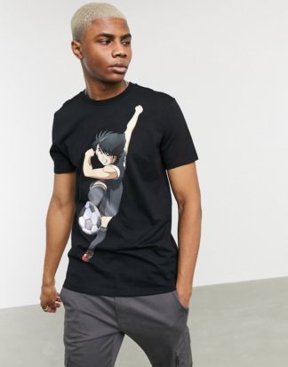 Bershka - Captain Tsubasa - Schwarzes T-Shirt mit bedruckter Vorder- und Rückseite