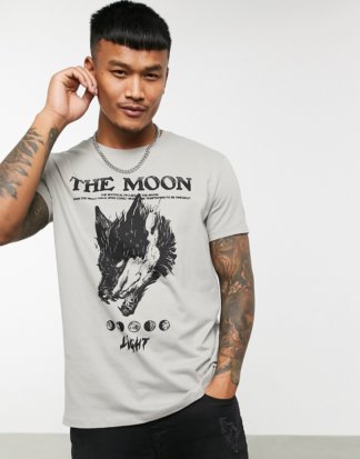 Bershka - Graues T-Shirt mit Wolf-Print