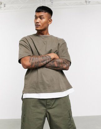 Bershka - Join Life - Doppellagiges T-Shirt in Khaki-Grün