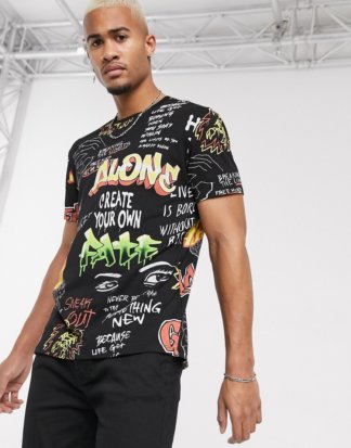 Bershka - Schwarzes T-Shirt mit Graffiti-Druck