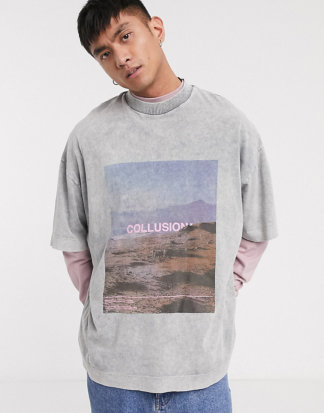 COLLUSION - Graues Extreme Oversize-T-Shirt mit Fotoprint in Acid-Waschung