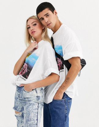 COLLUSION - Weißes Unisex-T-Shirt im Oversize-Stil mit Print