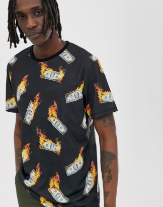 Criminal Damage - Oversize-T-Shirt mit Aufdruck von Geld in Flammen-Schwarz