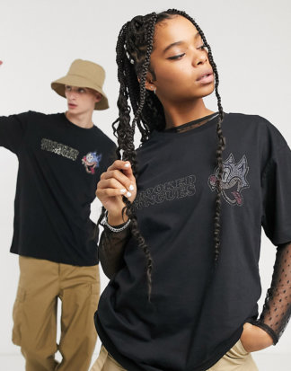 Crooked Tongues - Unisex - T-Shirt mit Logo strassverziertem Druck-Schwarz