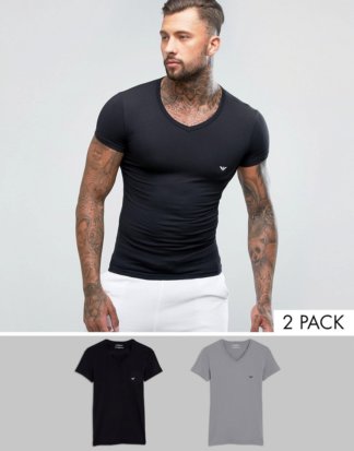 Emporio Armani - 2er Packung Lounge-T-Shirts mit V-Ausschnitt und Logo in Schwarz und Grau-Mehrfarbig