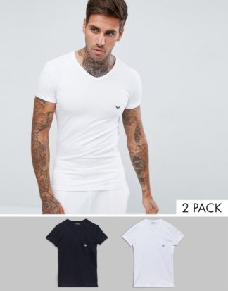 Emporio Armani - 2er Packung Lounge-T-Shirts mit V-Ausschnitt und Logo in Weiß und Marine-Mehrfarbig