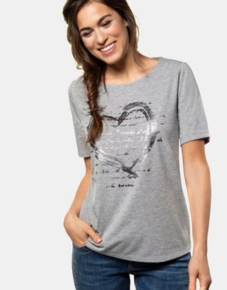 Gina Laura T-Shirt Shirt, Herzmotiv, Ziernieten, U-Boot-Ausschnitt