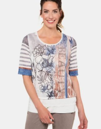 Gina Laura T-Shirt Shirt, Mustermix, Ziernieten, Saumband, Feinstrick