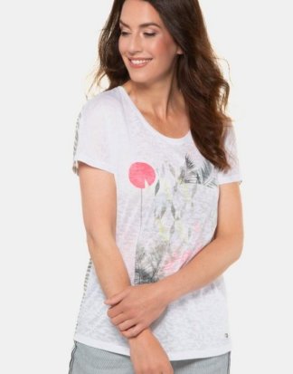Gina Laura T-Shirt Shirt, Palmen-Motiv/Ringel, Ausbrennerjersey