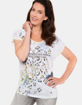 Gina Laura T-Shirt T-Shirt, Animaldruck, Schrift, farbige Nähte