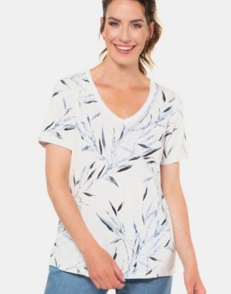 Gina Laura T-Shirt T-Shirt, Bambusmuster, Metallic-Details, Mesh-Kante