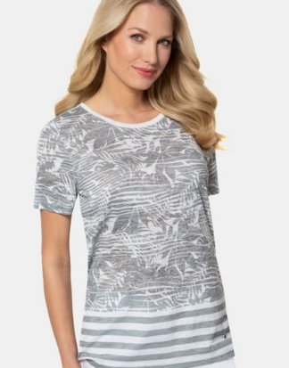 Gina Laura T-Shirt T-Shirt, Palmenmuster, Ausbrennerjersey, Streifensaum