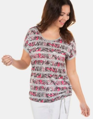 Gina Laura T-Shirt T-Shirt, Palmenmuster, Streifen, Rundhalsausschnitt