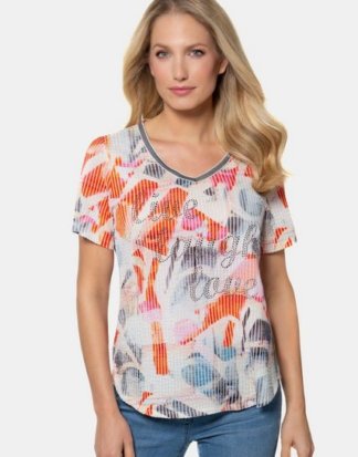 Gina Laura T-Shirt T-Shirt, buntes Muster, Glitzernieten, Rippstruktur