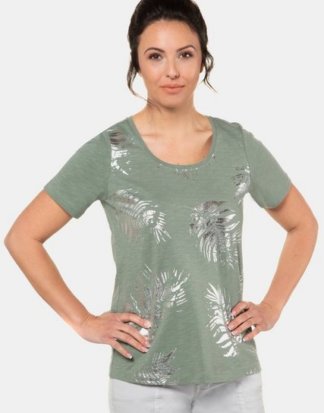 Gina Laura T-Shirt T-Shirt, glänzendes Blättermuster vorne, Halbarm