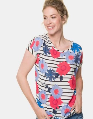 Gina Laura T-Shirt bis XXL, T-Shirt, Top, Gestreift und Blumenmuster, Rundhals, Kurzarm mit Umschlag