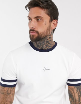 Hermano - T-Shirt mit Logo auf der Brust und Streifen an den Ärmeln, in gebrochenem Weiß