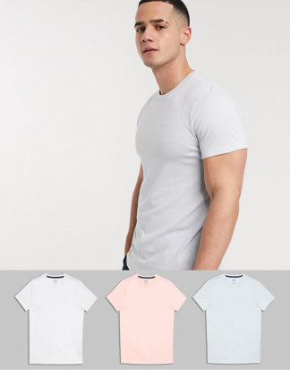 Hollister - Schmal geschnittene T-Shirts mit Rundhalsausschnitt und Möwenlogo in Weiß/Hellblau/Pfirsich, 3er-Pack, exklusiv-Mehrfarbig