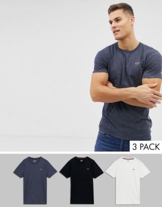 Hollister - Schmale T-Shirts im 3er-Set in Weiß/Marine meliert/Schwarz mit Rundhalsausschnitt und Möwenlogo-Mehrfarbig