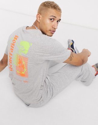 Jack & Jones - Originals - Kastiges T-Shirt in Grau mit neonfarbenem Aufdruck hinten