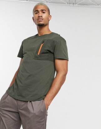 Jack & Jones Originals - T-Shirt in Khaki mit Reißverschlusstasche-Grün