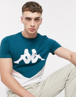 Kappa - Authentic Bifut - T-Shirt in Petrol/Rosa mit Farbblockdesign und großem Logo-Blau