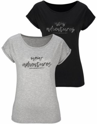 LASCANA T-Shirt (2er-Pack) mit glitzerndem Sprüche Print vorn
