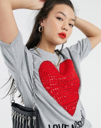Love Moschino - T-Shirt mit Strass-verziertem Herzlogo-Grau