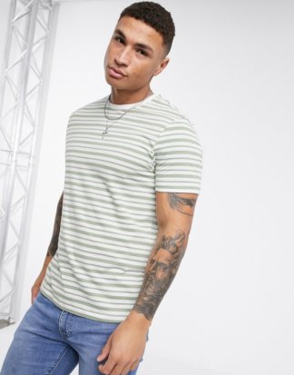 New Look - Gestreiftes T-Shirt in Weiß und Khaki-Grün