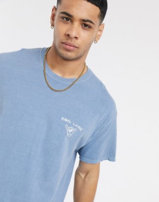New Look - Hang Loose - Oversize-T-Shirt in verwaschenem Blau mit Print auf der Brust