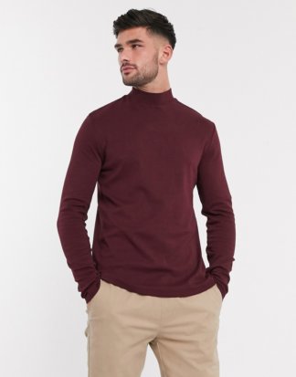 New Look - Langärmliges T-Shirt mit Rollkragen in dunklem Burgunderrot