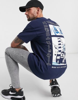 New Look - Metro Tokyo - Schwarzes T-Shirt mit Print auf Vorder- und Rückseite