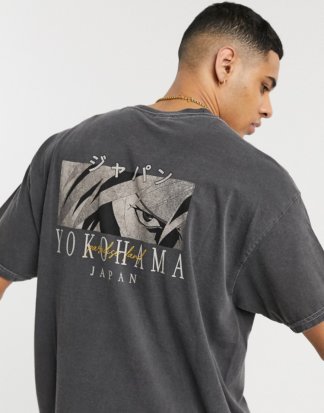 New Look - Oversized-T-Shirt mit Yokohama-Aufdruck hinten in Dunkelgrau