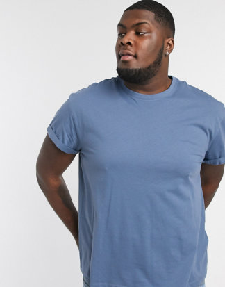 New Look Plus - Blaues T-Shirt mit gerollten Ärmeln