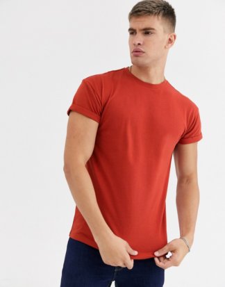 New Look - T-Shirt in dunklem Orange mit Rollärmeln