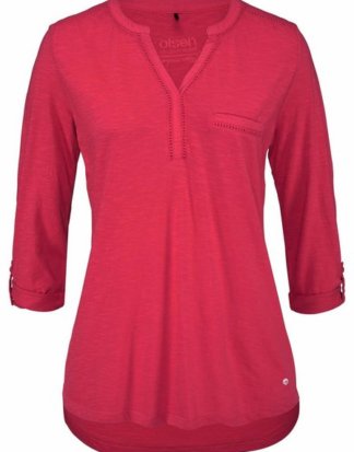 Olsen V-Shirt Krempelärmel mit Riegel, Lochspitze, Henleyshirt