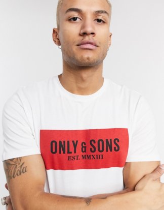 Only & Sons - Weißes T-Shirt mit großem Logo auf der Brust