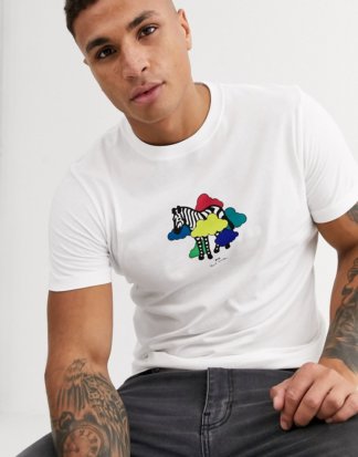 PS Paul Smith - Schmales T-Shirt mit Zebramuster und Wolkenprint in Weiß