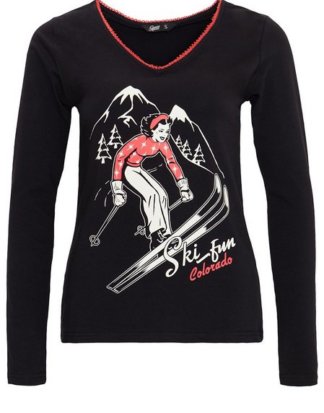 QueenKerosin Print-Shirt "Ski Fun" mit V-Ausschnitt und Vintage Druck