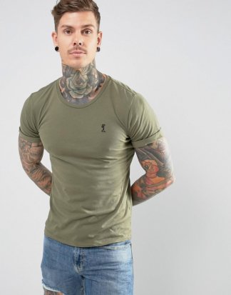 Religion - Khaki T-Shirt mit Rollärmeln und Logo-Grün