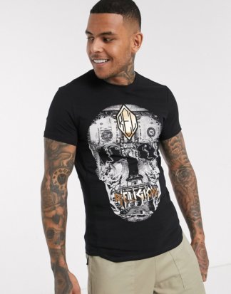 Religion- Schwarzes T-Shirt mit goldenem Totenkopf- und Geldmotiv