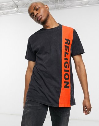 Religion - Schwarzes T-Shirt mit seitlichem Streifenlogo